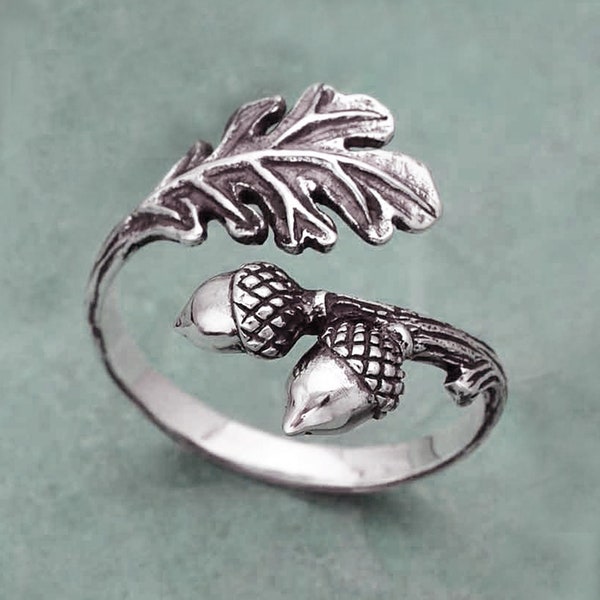 Bague feuille de chêne et gland, bijoux naturels réglables en argent sterling ou en bronze massif