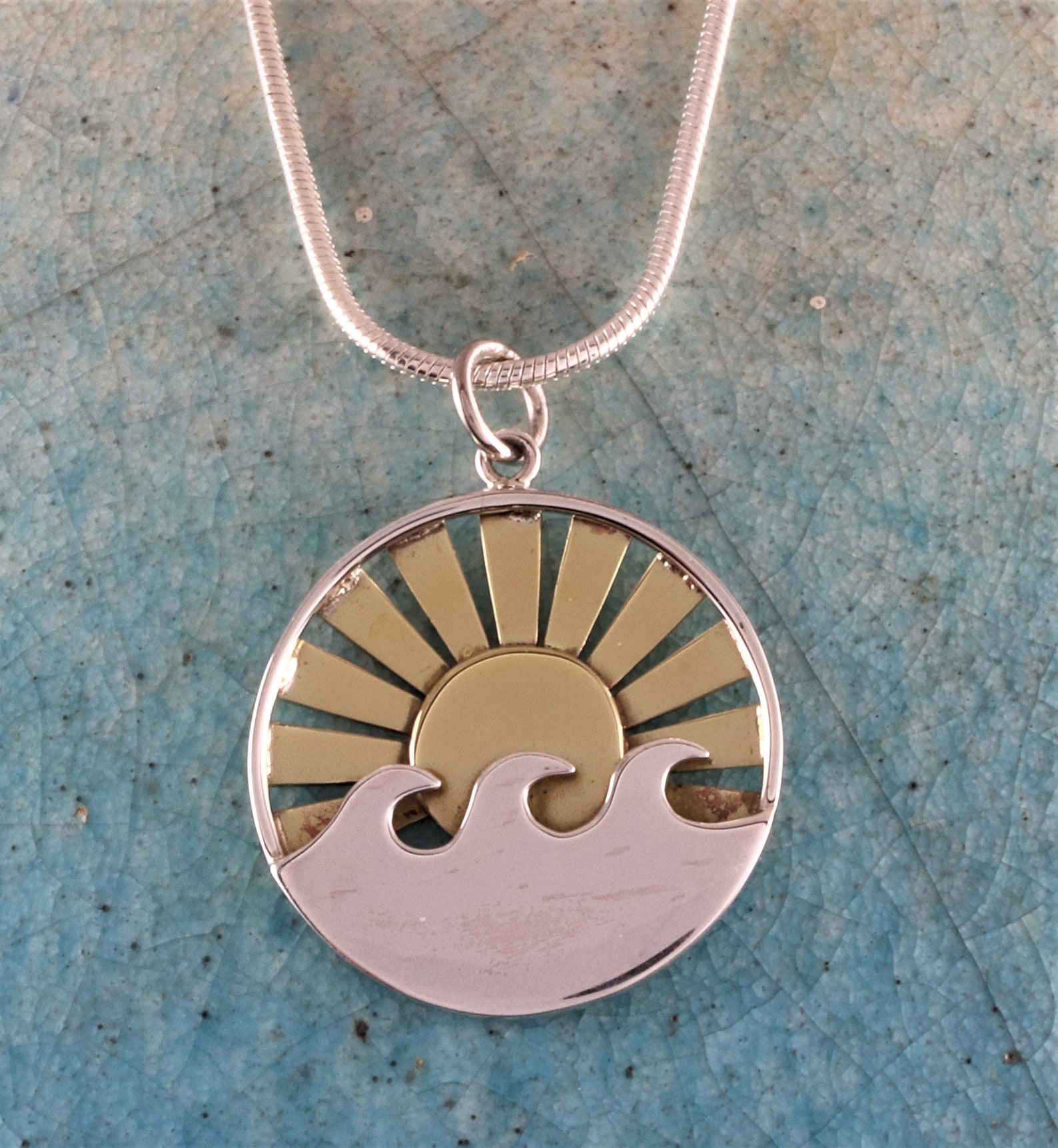 Sterling Silver Wave Pendant With Bronze Sun Sun and Wave Etsy UK