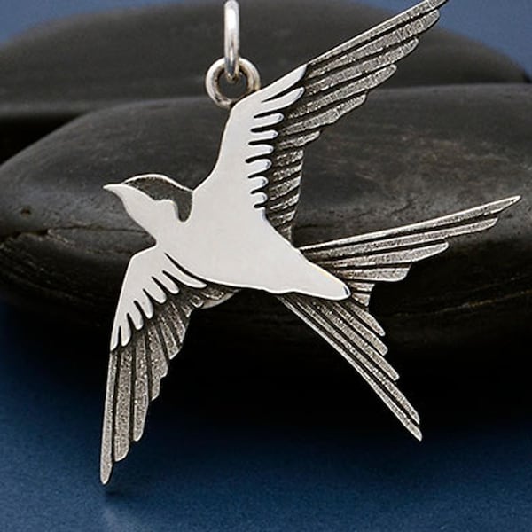 Sterling silver swallow pendant, Bird lovers necklace, Nature jewelry, Sterling silver chain, Bird in flight charm, freedom spirit in motion