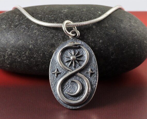 Sterling Silver Infinity Snake Necklace With Sun and Moon
