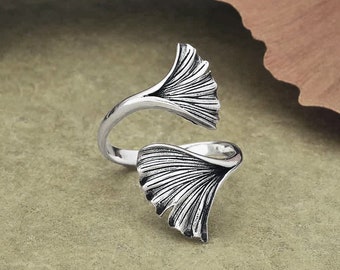 Sterling Silver Adjustable Ginkgo Leaf Ring, Ginkgo leaf jewelry, Botanical jewelry, Silver leaf ring, Dainty petite everyday silver jewelry