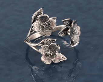 Sterling Silver Dogwood Flower Ring, Silver adjustable flower ring, Flower leaf ring, Nature jewelry, Springtime, Peace Strength Protection