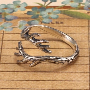 Silver deer antler ring, adjustable sterling silver deer antler ring, forest ring, hiker&#39;s ring, camper&#39;s ring, animal totem, nature spirit