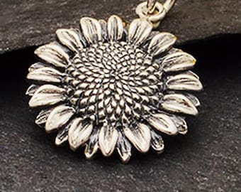 Sterling silver sunflower pendant, silver sunflower necklace, gardener necklace, nature lover pendant, happy, uplifting, dainty petite, 5/8&quot;