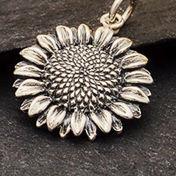 Sterling silver sunflower pendant, silver sunflower necklace, gardener necklace, nature lover pendant, happy, uplifting, dainty petite, 5/8"