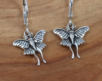 Sterling silver Luna Moth earrings, dainty silver moth earrings, celestial forest earrings, nature jewelry, animal totem, spirit animal 7/8"