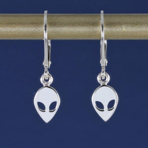 Tiny Sterling Silver Alien Earrings, Extraterrestrial silver earrings, Whimsical fun SciFi jewelry, Science Fiction Lover's Space jewelry,