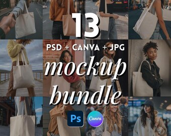 13 Canvas Tote Bag Mockups – Lifestyle PSD, Canva Templates (Bundle)
