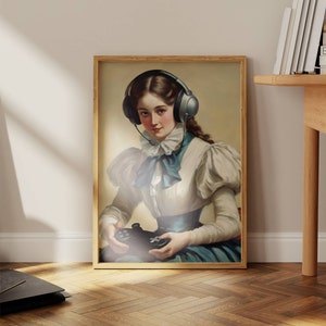 Retro Gamer Girl Portrait Dorm Decor Wall Art | Vintage Style Art | Victorian Woman Playing Video Games | Digital Print