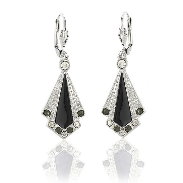 Art Deco Black Enamel Fan Earrings with Swarovski Crystals