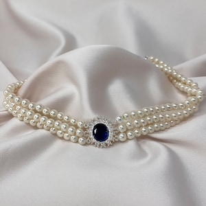 Lady Diana 3 row Pearl Choker with Sapphire Stone