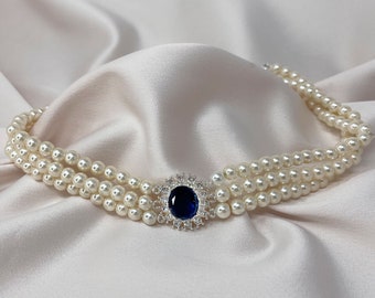 Lady Diana 3 row Pearl Choker with Sapphire Stone