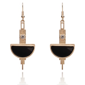 Vintage Black & Gold Art Deco Long Drop Geometric Earrings