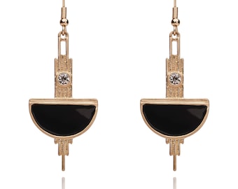 Vintage Black & Gold Art Deco Long Drop Geometric Earrings