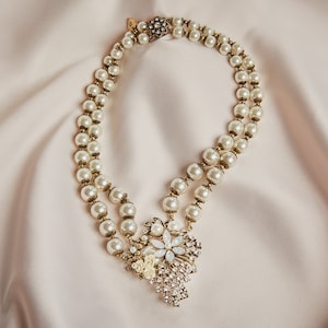 Vintage Miriam Haskell Inspired Two Row Pearl Necklace with Flower Pendant