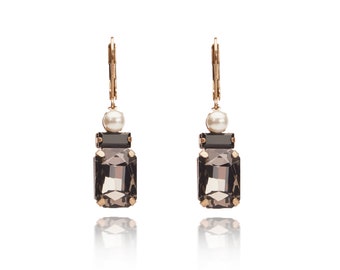 Black Art Deco Inspired Oblong Gold and Pearl Drop Earrings