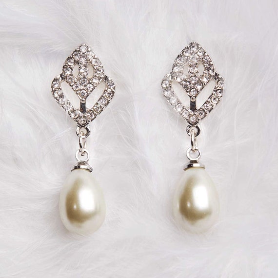 Buy Long Diamante and Peach Freshwater Pearl Drop Wedding Bridal Cocktail Earrings  Silver Colour Vintage Style Gypsy Wedding Online in India - Etsy
