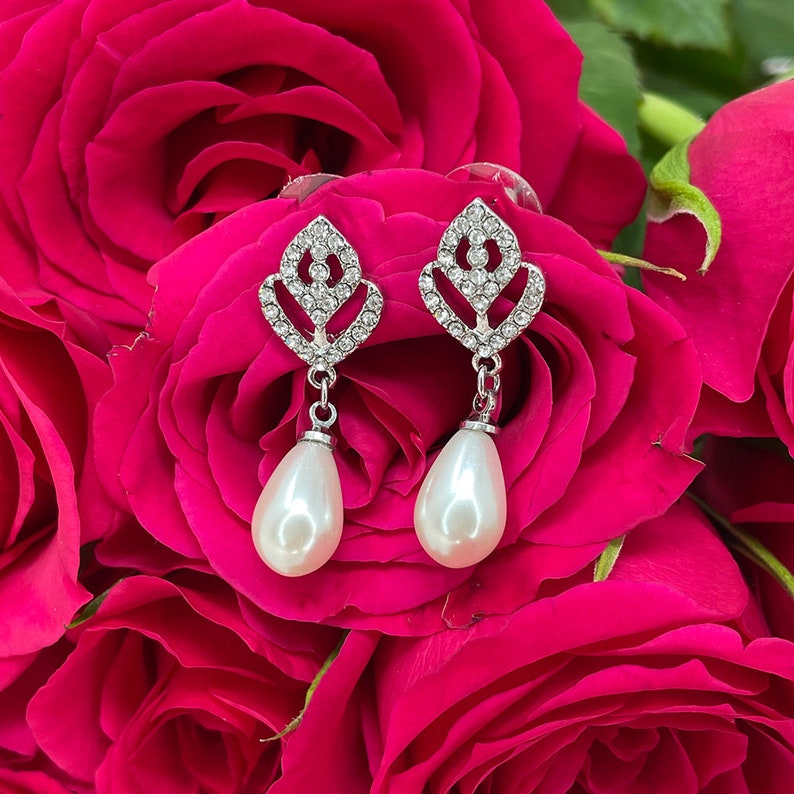Diamante Tulip shape Pearl Drop Earrings image 4