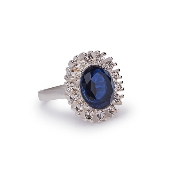 Blue Sapphire and Crystal Stone Statement Ring, Lady Diana Princess Kate Inspired Jewellery, Blue Gemstone Jewelry, Oval Cut Engagement Ring