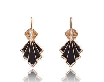 Art Deco Black And Gold Fan 1920s Earrings