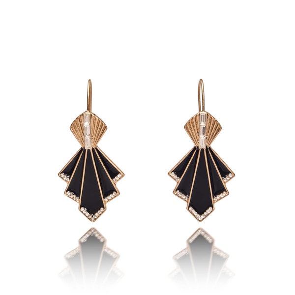 Art Deco Black And Gold Fan 1920s Earrings