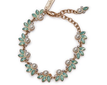 Green Opal Crystal Leaf and Pearl Bracelet