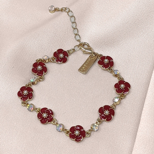 Small Rose 1 Row Bracelet in Red Enamel