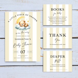 A Little Piece of Heaven Baby Shower Invite Bundle, Neutral Invitation Book Request Cards, Diaper Raffle Thank You, Printable, Edit in Canva