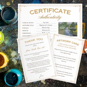 Certificate of Authenticity For Art PLUS Artwork Care Card & Customer Thank You Note Templates, Instant Download,  Printable, Edit in Canva