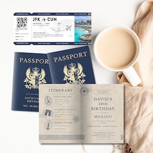 Printable Passport & Boarding Pass Birthday or Anniversary Vacation Template, Edit in Canva, 30th 40th Birthday Trip Invite Instant Download