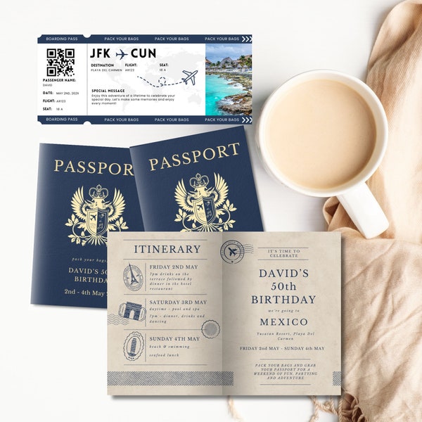 Printable Passport & Boarding Pass Birthday or Anniversary Vacation Template, Edit in Canva, 30th 40th Birthday Trip Invite Instant Download