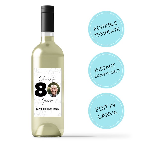 Custom 80th Birthday Wine Label Template With Photo, Personalized Eightieth Birthday Gift for Him, Edit in Canva, Ideal Last Minute Present