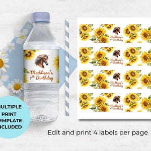 Horse Sunflower Printable Birthday Water Bottle Labels Template Kids Party Favors, Editable Personalized Pony Cowgirl Ranch Instant Download