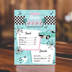 Editable Sock Hop Party Menu Template, 1950s Themed Decorations, Instant Download, Edit in Canva, Printable Fifties Retro Diner Food Sign