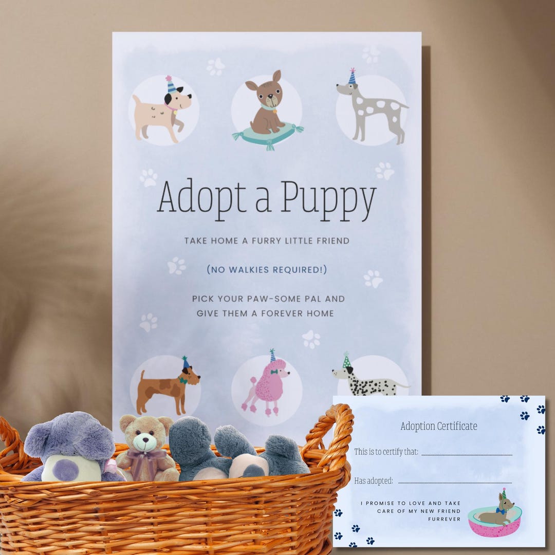 Adopt A Puppy Party Sign Printable Template, Soft Toy Party Favors ...