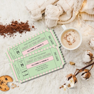 Movie Ticket Birthday Invitation Pink & Green, Printable Template Backyard Watch Party Invite Film Viewing Night Instant Download Edit Canva