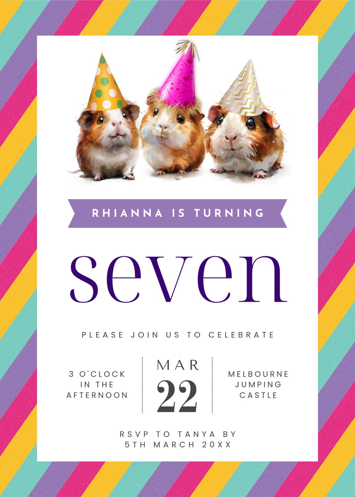 Editable 7th Birthday Guinea Pig Invitation Template, Digital Invite ...
