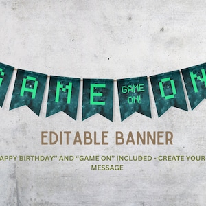 Editable Retro Gaming Party Birthday Bunting Banner Template Instant Download Edit in Canva Printable Customizable Game On Party Decorations