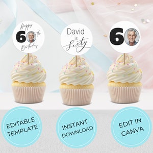 60th Birthday Cupcake Topper Template, Minimalist Design Edit in Canva Instant Download Personalize With Name and Photo, 60th Party Favors
