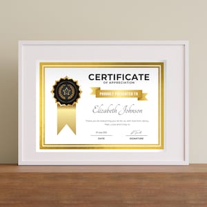 Certificate of Appreciation Printable PDF, Instant Download, Print Template or Edit in Canva, 2 Sizes A4 & 8.5" x 11", Mom Dad Husband Gran