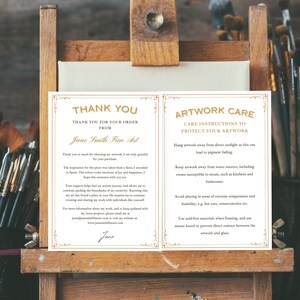 Printable Artwork Care Card PLUS Artists Thank You Card Template, Instant Download, Editable Digital COA Edit in Canva, Add Your Own Details