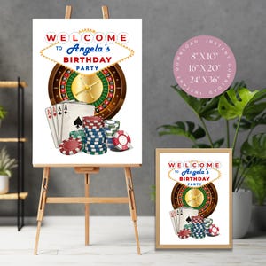 Casino Theme Birthday Welcome Sign Template, Roulette Wheel Playing Cards Vegas Night Edit Canva, Instant Download, Party Decorations Board