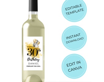 30th Birthday Wine Label Template, Customized Printable Gift for Husband Editable in Canva, Black & Gold, 30th Last Minute Gift Present Him