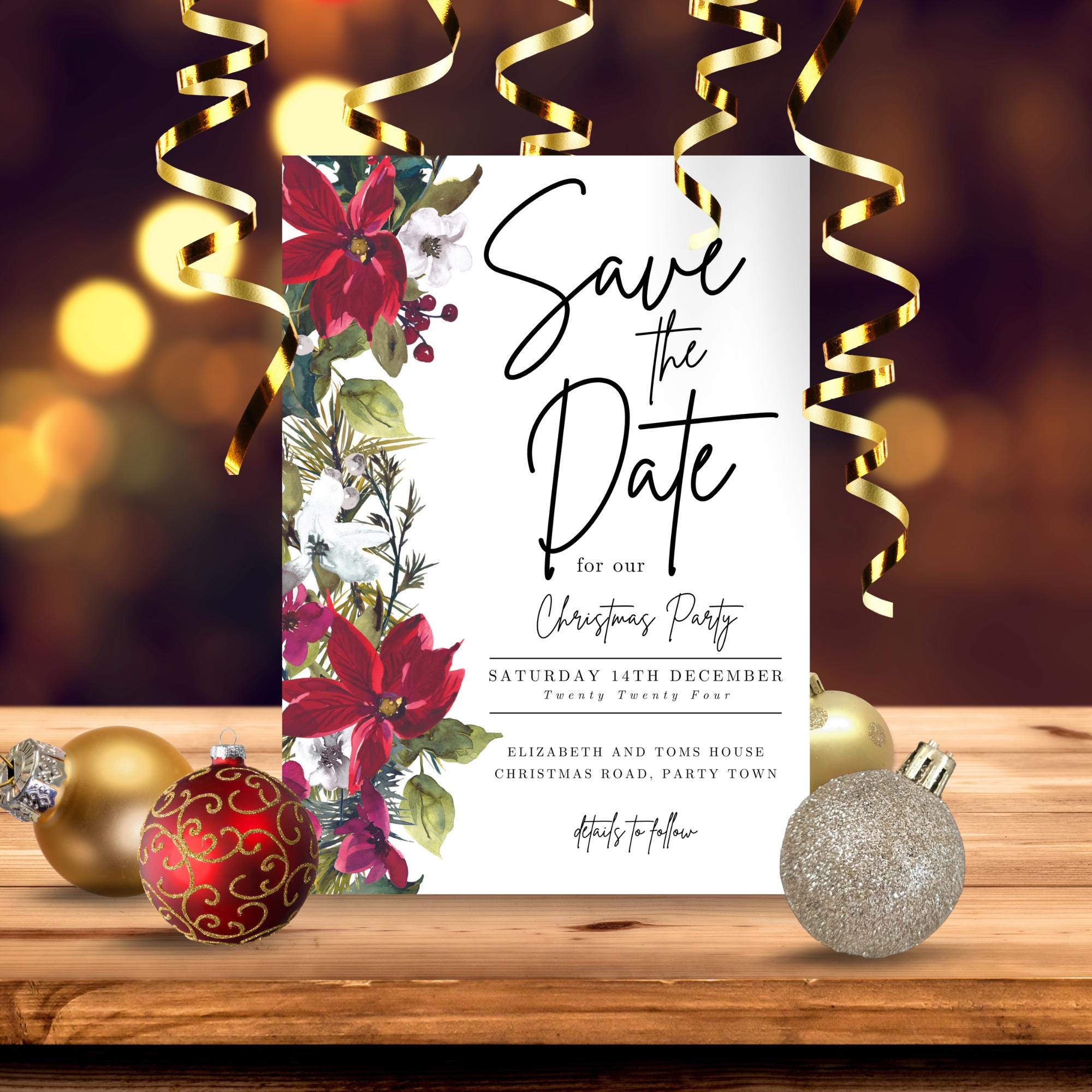 Save the Date Christmas Party Invitation Card Template, Holiday Drinks Invite, Family Gathering ...