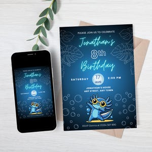 Axolotl Birthday Invitation Blue, Printable, Edit in Canva, Boys Party Invite Template, Instant Download, Blue Neon Cool Dabbing 6th 7th 8th