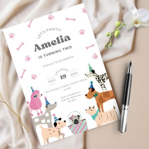Dog Second Birthday Invitation Template, Let's Pawty Girls 2nd Invite, Edit Canva Instant Download, Printable Party Cute Cartoon Puppies Pup