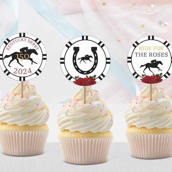 Printable Kentucky Derby Party Cupcake Toppers Template, Instant Download, Round 2" x 2", Print PDF or Edit in Canva, Horse Racing Party