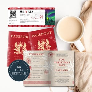 Printable Christmas Passport & Boarding Pass Vacation Template, Edit in Canva, Kids Adults Winter Surprise Trip Gift Instant Download