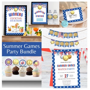 Summer Games Sports Watch Party Decorations Printable Bundle, Invitation Bunting Cupcake Toppers Water Bottle Labels, Instant Download Canva