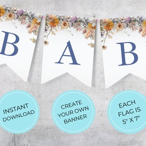 Printable Wildflower Bunting Template, Baby in Bloom, Baby Shower Decorations, Edit in Canva Boho Watercolor Fall Florals,  Instant Download